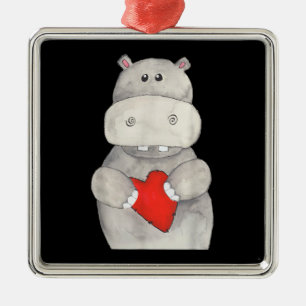 Ornement Carré Argenté Hippopotame mignon tenant le coeur   Love Hippo