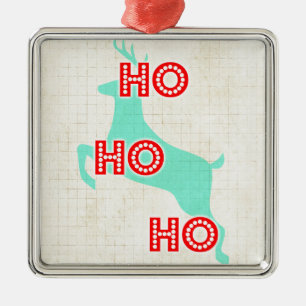 Ornement Carré Argenté ho ho ho renne rouge bleu noël vintage
