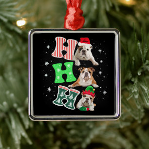 Ornement Carré Argenté Ho Ho Ho Santa en Anglais Bouledogue Rennes Noël