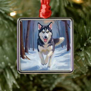Ornement Carré Argenté Husky de Sibérie   Peinture de chien en hiver