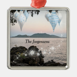 Ornement Carré Argenté Îles San Juan - Lune se lève sur l'île Cypress