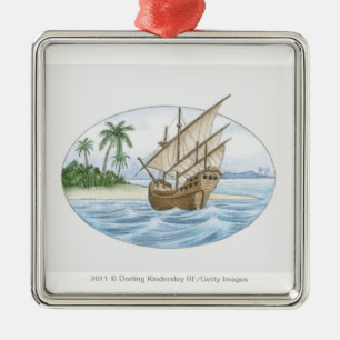 Ornement Carré Argenté Illustration de bateau du 16ème siècle près d'