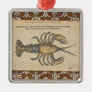 Ornement Carré Argenté Illustration de homard antique Maine fruits de mer