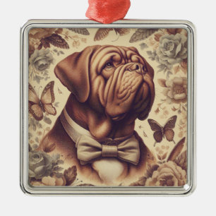 Ornement Carré Argenté Illustration du Dogue de Bordeaux vintage