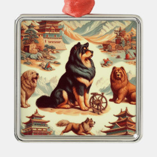 Ornement Carré Argenté Illustration du Mastiff tibétain vintage