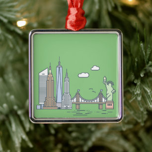Ornement Carré Argenté Illustration Fantaisiste de la Skyline de New York