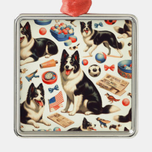 Ornement Carré Argenté Illustration vintage Collie Bordure