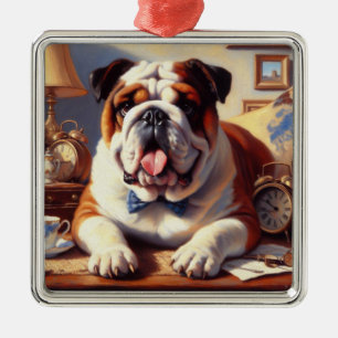 Ornement Carré Argenté Illustration vintage de Bulldog