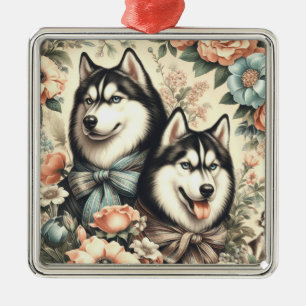 Ornement Carré Argenté Illustration vintage de Husky en Sibérie