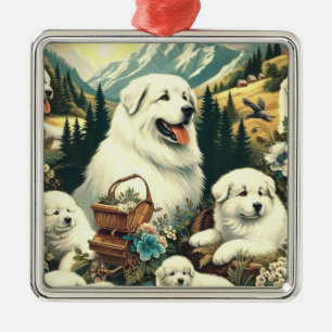 Ornement Carré Argenté Illustration vintage des chiens des Grands Pyrénée