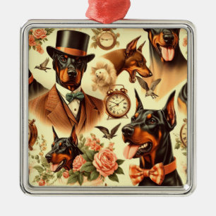 Ornement Carré Argenté Illustration vintage Doberman sans fil