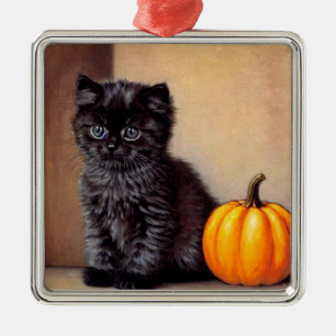 Ornement Carré Argenté Illustration vintage Halloween Black Kitten