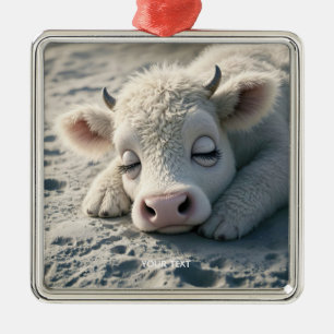 Ornement Carré Argenté Imaginaire mignon bébé vache dormant