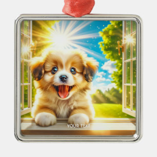 Ornement Carré Argenté Imaginaire mignon chien soleil bébé chien