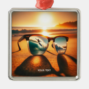 Ornement Carré Argenté Imaginaire Mignonnes Lunettes Plage de coucher de