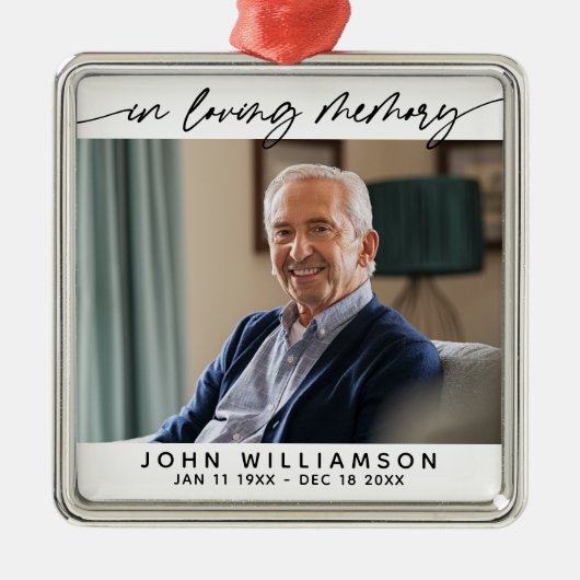 Ornement Carré Argenté In Loving Memory Simple Script Tribute Photo (Devant)