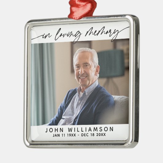Ornement Carré Argenté In Loving Memory Simple Script Tribute Photo (Gauche)