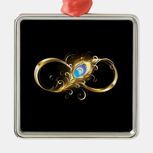 Ornement Carré Argenté Infinité avec plume de paon doré (Devant)