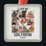 Ornement Carré Argenté J'adore My Girlfriend Custom 9 Photo Collage<br><div class="desc">J'aime ma petite amie Custom Valentines jour 9 Photo Collage. Personnalisez ce modèle de design de jour valentines unique avec 9 photos et nom. Parfait pour toute occasion comme anniversaires, anniversaire etc. J'aime ma petite amie, couple Valentine, cadeau personnalisé pour petit ami, coeur personnalisé, je coeur ma petite amie, Custom...</div>