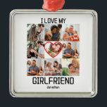 Ornement Carré Argenté J'adore My Girlfriend Custom 9 Photo Collage<br><div class="desc">J'aime ma petite amie Custom Valentines jour 9 Photo Collage. Personnalisez ce modèle de design de jour valentines unique avec 9 photos et nom. Parfait pour toute occasion comme anniversaires, anniversaire etc. J'aime ma petite amie, couple Valentine, cadeau personnalisé pour petit ami, coeur personnalisé, je coeur ma petite amie, Custom...</div>
