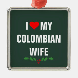 Ornement Carré Argenté J'aime ma femme colombienne, Noël