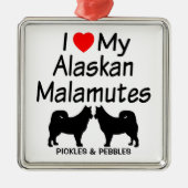 Ornement Carré Argenté J'Aime Mes Deux Chiens Malamuts D'Alaska (Devant)