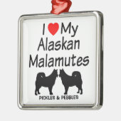 Ornement Carré Argenté J'Aime Mes Deux Chiens Malamuts D'Alaska (Gauche)