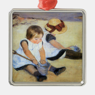 Ornement Carré Argenté Jeunes enfants jouant sur la plage (Mary Cassatt)