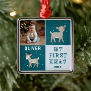 Ornement Carré Argenté Joli bébé personnalisé photo renne Noël