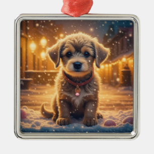 Ornement Carré Argenté Joli chiot jouant dans la neige Noël