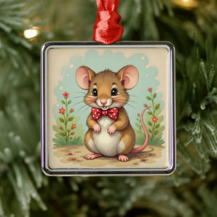 Ornement Carré Argenté Joli petit souris mignon avec cravate
