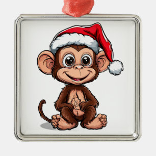 Ornement Carré Argenté Joli singe de dessin animé portant un chapeau de P