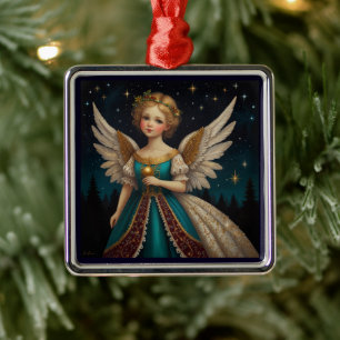 Ornement Carré Argenté Joli Vintage Noël Ange de la veille