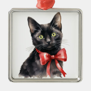 ORNEMENT CARRÉ ARGENTÉ JOLIE CHRISTMAS NOIR COULEUR D'EAU CHAT