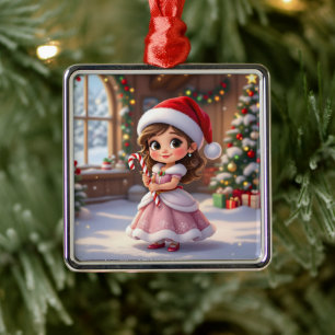 Ornement Carré Argenté Jolie petite princesse avec un chapeau de Noël