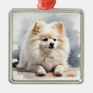 ORNEMENT CARRÉ ARGENTÉ JOLIE POMERANIEN POPULAIRE BLANC