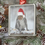 Ornement Carré Argenté Jolly Squirrel with Santa Hat Square Ornament<br><div class="desc">This jolly squirrel with a Santa hat is ready to cheer up your Christmas tree. The snow has fallen,  and he's just nuts about the holidays and about adding a whimsical touch to your holiday decor.</div>