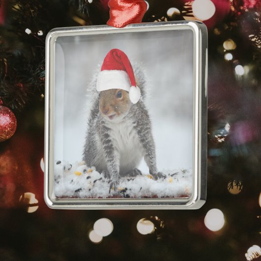 Ornement Carré Argenté Jolly Squirrel with Santa Hat Square Ornament