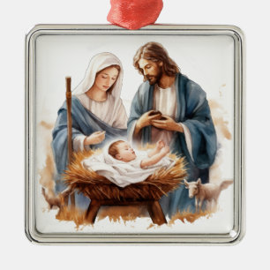 ORNEMENT CARRÉ ARGENTÉ JOSEPH MARY BÉBÉ JÉSUS CHRISTMAS RELIGIEUX