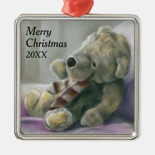 Ornement Carré Argenté Jouet Ours Pastel Personnalisé Année Noël (Devant)