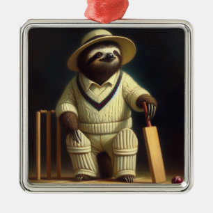 Ornement Carré Argenté Joueur de cricket Sloth