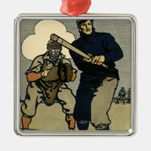 Ornement Carré Argenté Joueurs de baseball de sport vintage, art stylisé