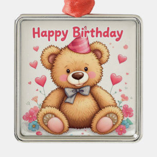Ornement Carré Argenté Joyeux Anniversaire Ourson Mignon avec des Cœurs R