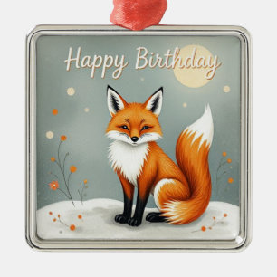 Ornement Carré Argenté Joyeux Anniversaire Renard Brun Forêt Mignonne