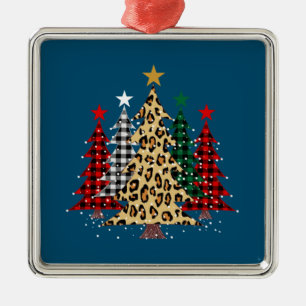 Ornement Carré Argenté Joyeux arbres de Noël avec Buffalo Plaid & Leopard