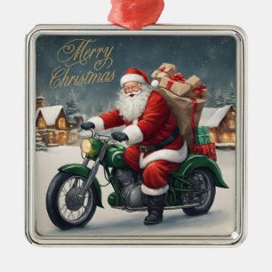 Ornement Carré Argenté Joyeux Cool de Noël Vintage Père Noël sur moto