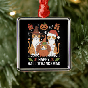 Ornement Carré Argenté Joyeux Hallothanksmas Chats Halloween Noël