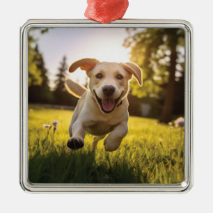 Ornement Carré Argenté Joyeux Labrador Puppy Running