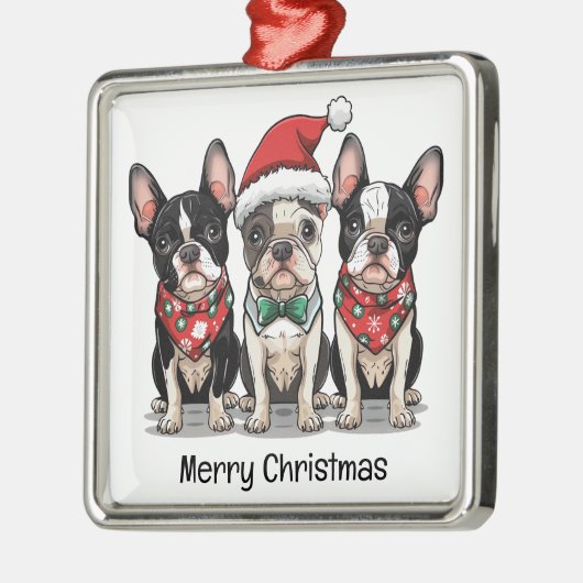 Ornement Carré Argenté Joyeux Noël Boston Terrier Chiens (Gauche)