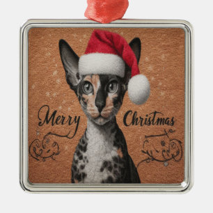 Ornement Carré Argenté Joyeux Noël Cornish rex Chat, Noël Père Noël Kitty